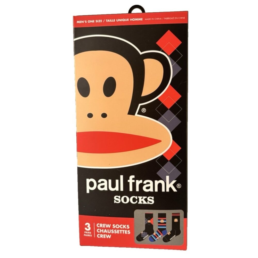 Paul Frank Socks 3 Pair Crew Socks w/ Iconic Monkey, Brand New Fits Men US 7-12